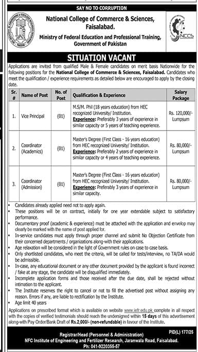 National College of Commerce & Sciences Faisalabad Jobs 2025